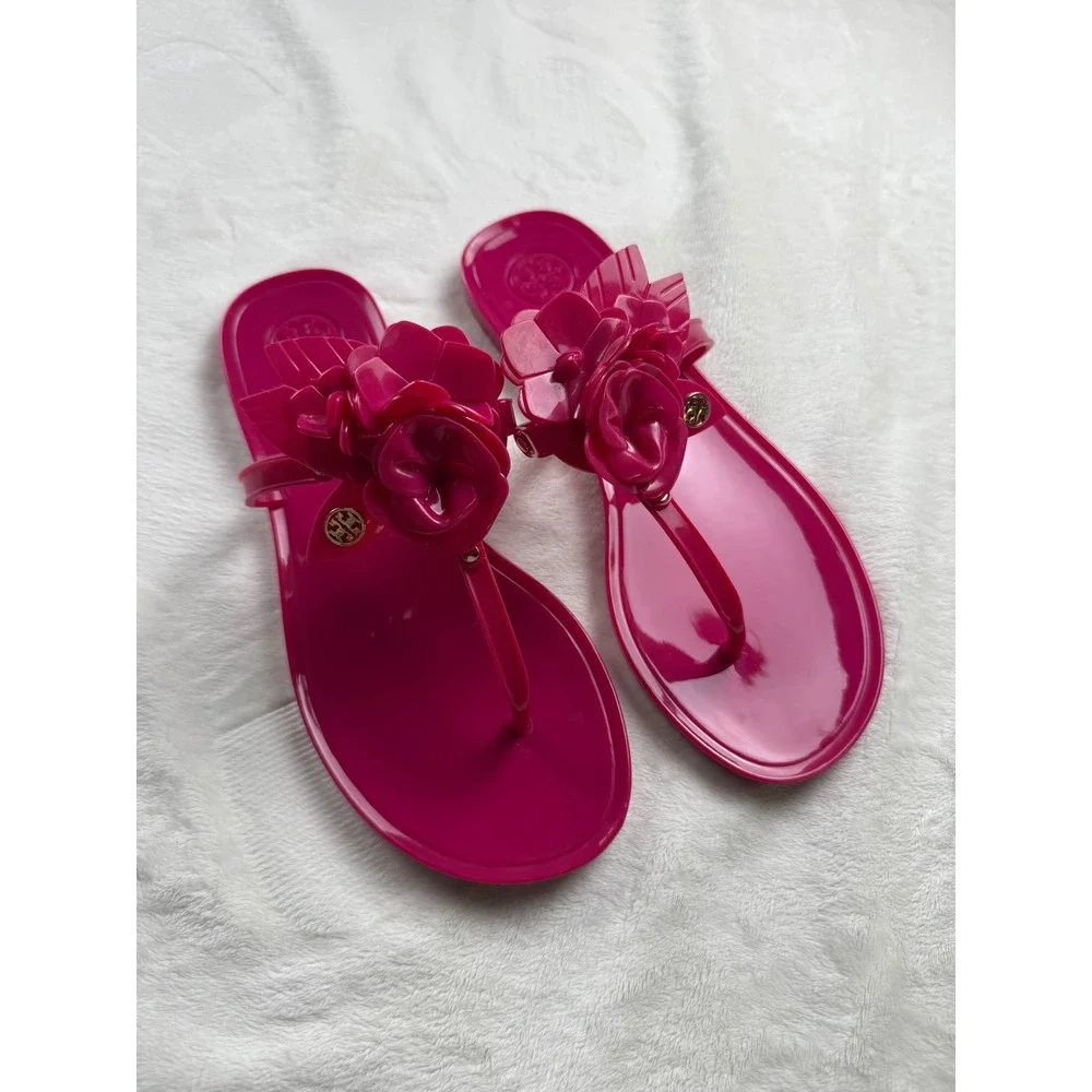 Tory Burch Fuchsia Pink Floral Jelly Thong Sandals Womens 5 Flat Flip Flops Logo